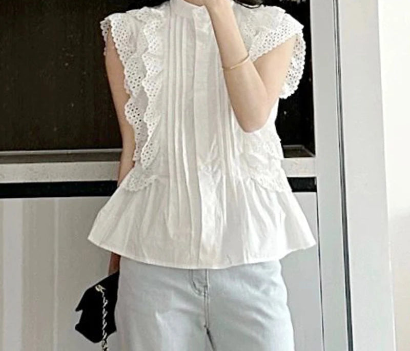 Flying Sleeve Ruffled Lace Button Vintage Blouse