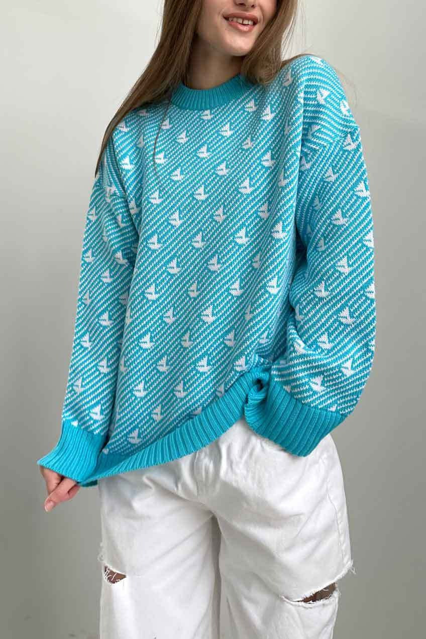 PrincessAce Sailboat Pattern Crew Neck Knit Sweater