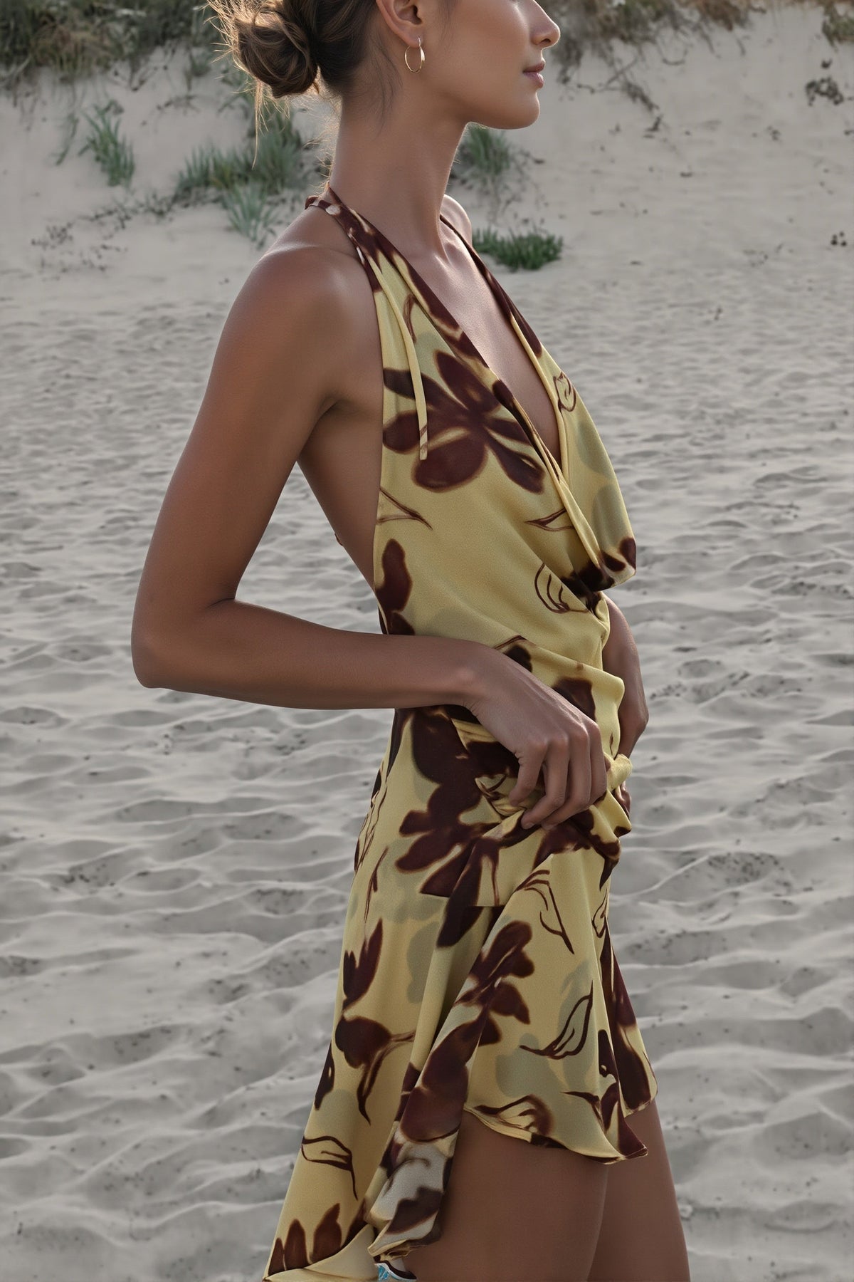 Floral Halter Cowl Neck Ruched Flare Mini Dress