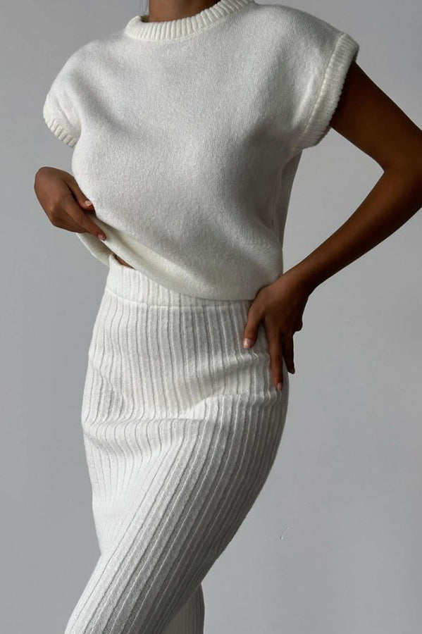 Triko Knit Short Sleeve Sweater with Ribbed Midi Skirt Set