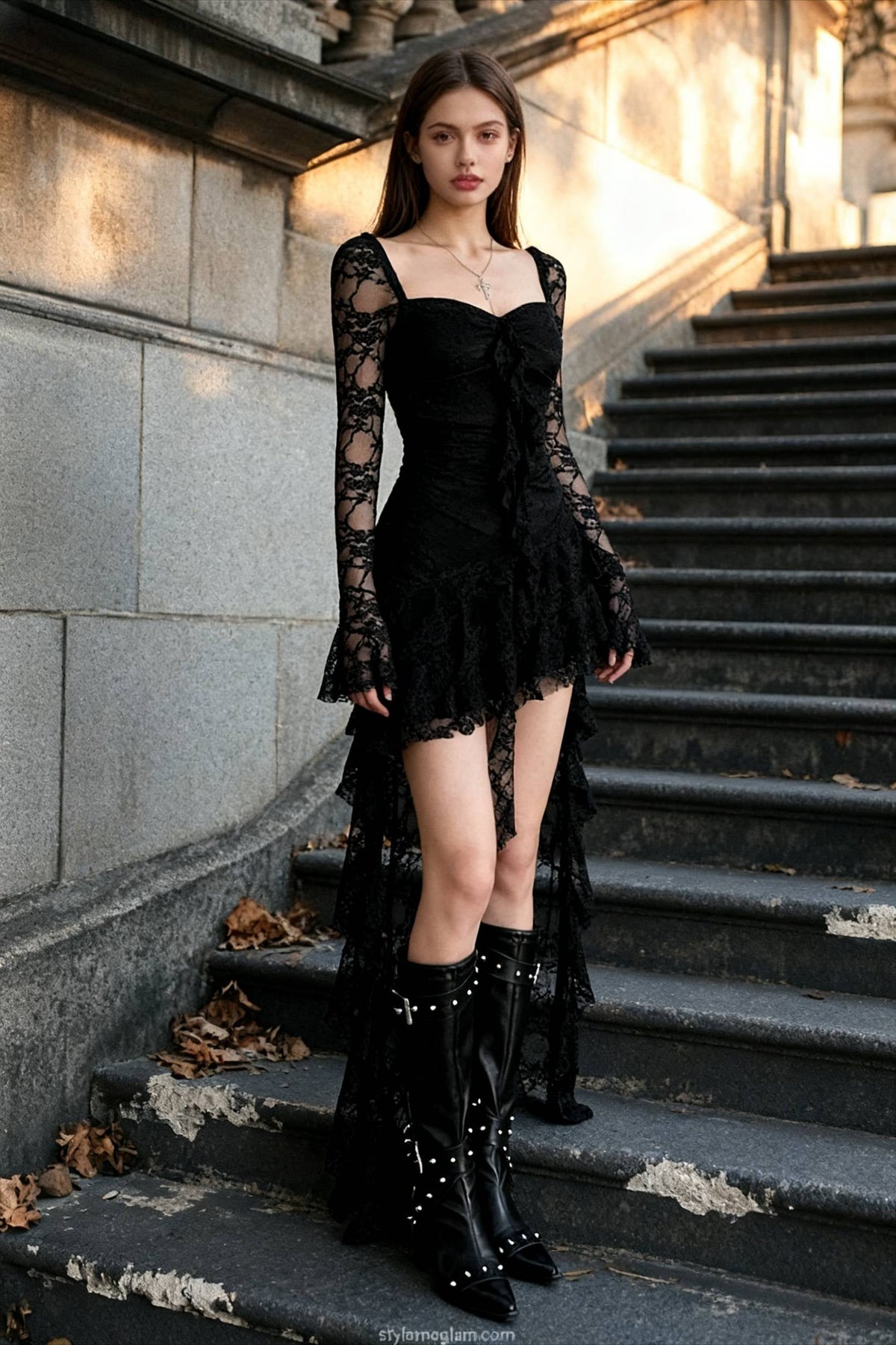 Lace Square-Neck Flared Sleeve High-Low Mini Dress