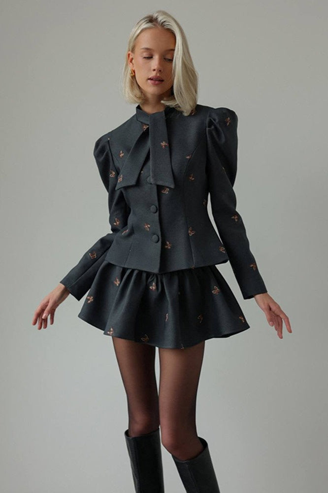 Embroidered Waist-Cinched Blazer & Mini Skirt Two Piece Set