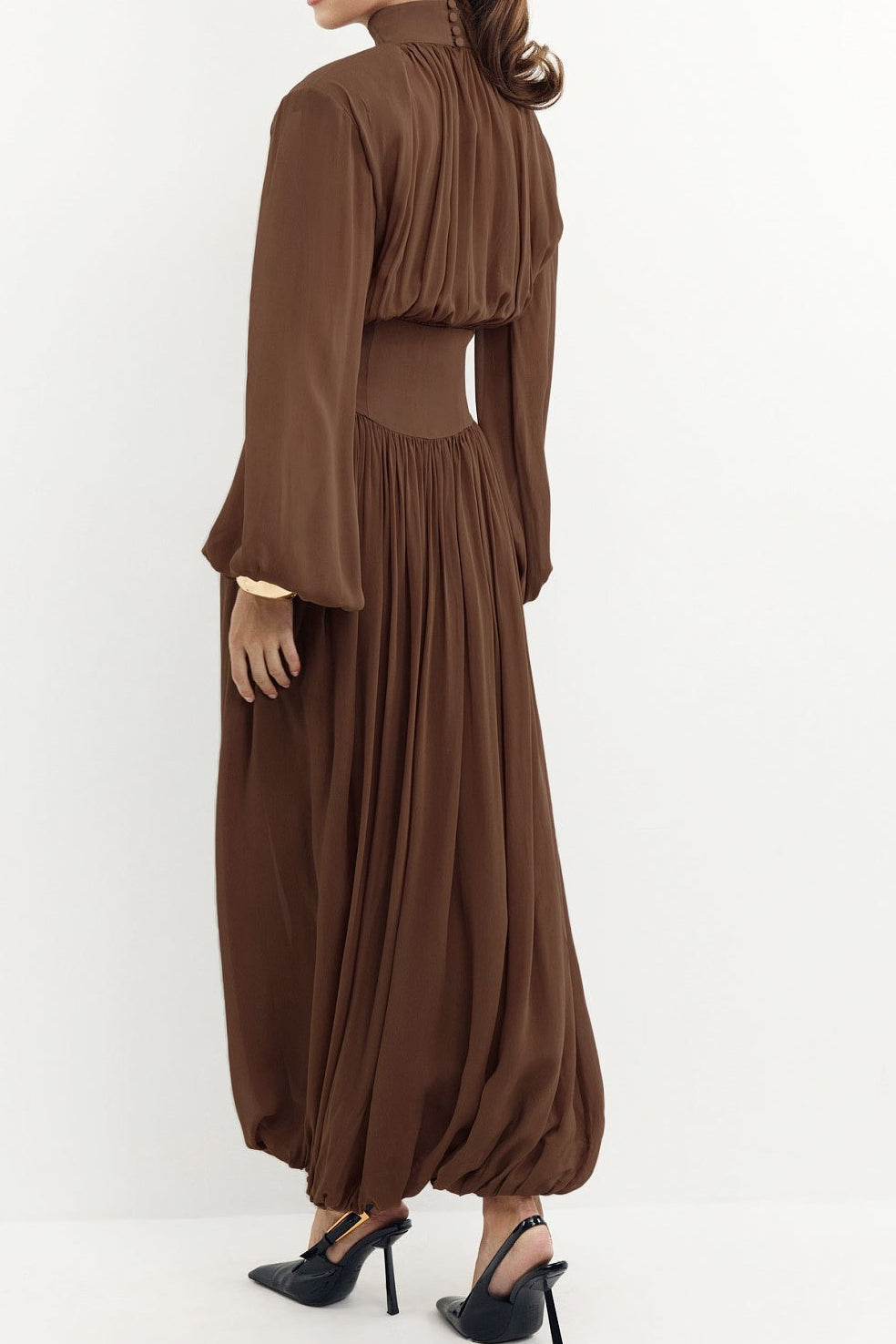 Satin High Neck Long Sleeve Blouson Maxi Dress 4