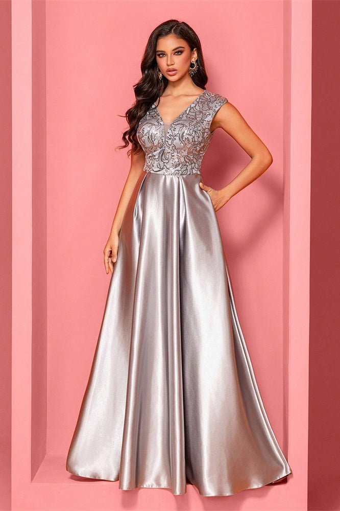 Lace Bodice V-Neck Cap Sleeve Satin A-Line Gown 4