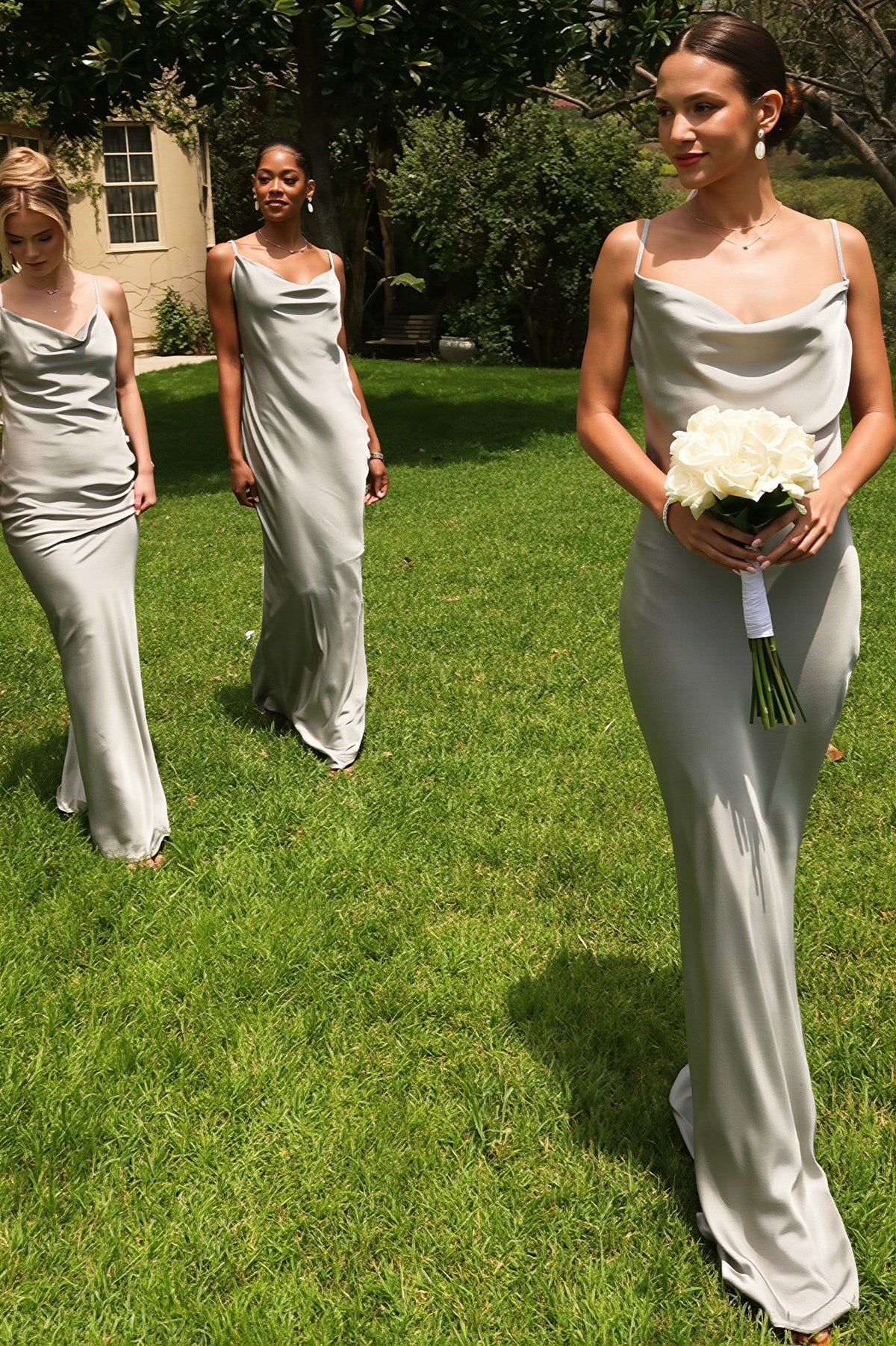 Satin Backless Floral Strap Draped Maxi Gown