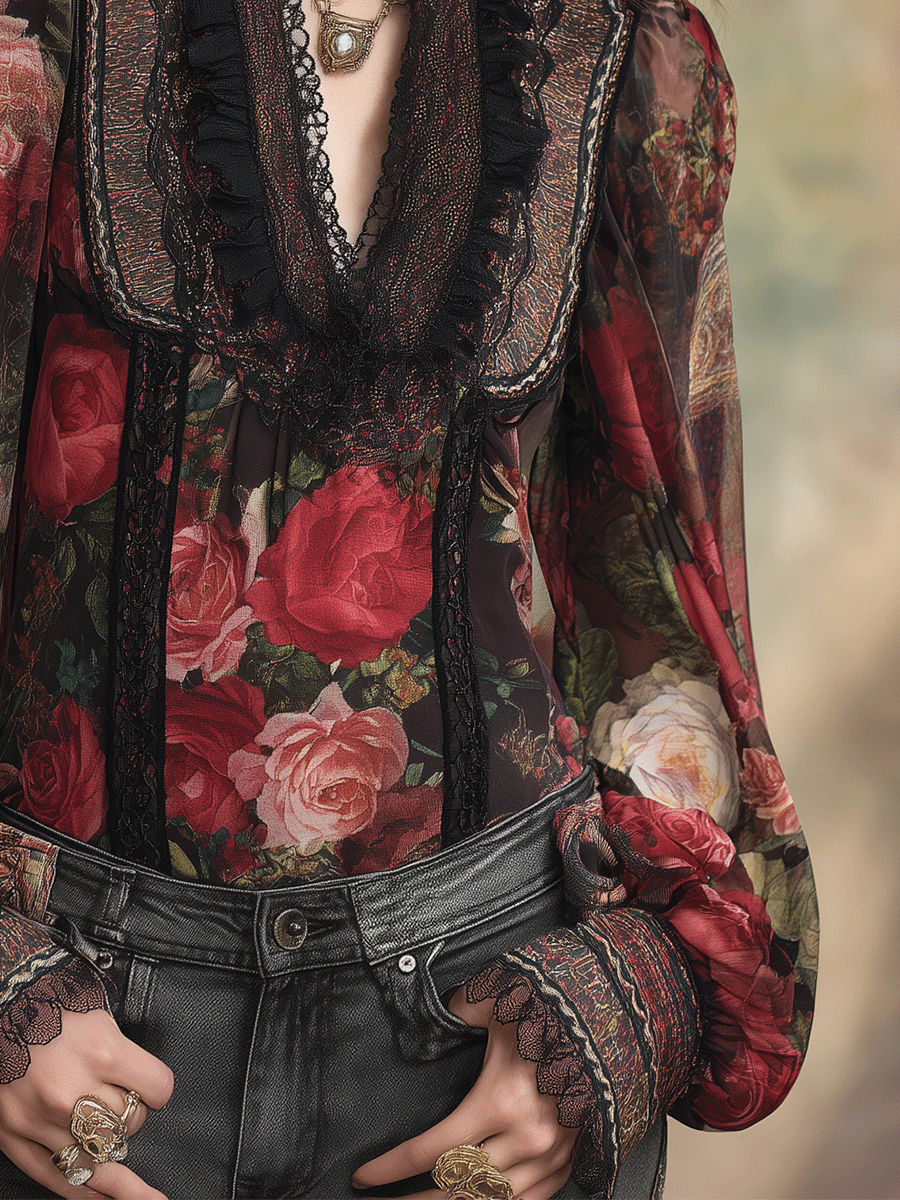 Vintage Boho Romantic Rose Lace Chiffon Blouse