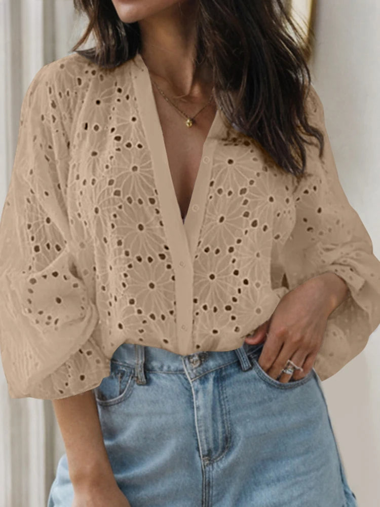 Sexy Flared Long Sleeve Tunic V-neck Blouse