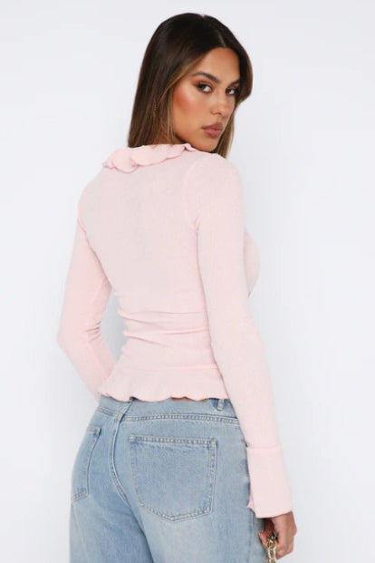 V Neck Ruffle Sleeve Button Blouse - Fashionpara