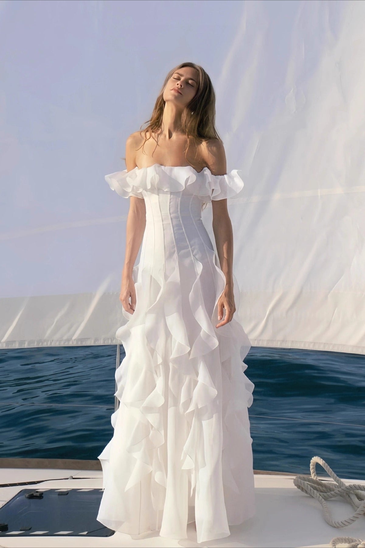 Strapless Off Shoulder Ruffle Cascade High Split Wedding Gown