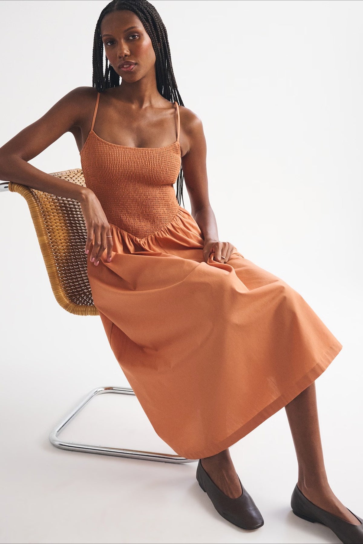 Striped Shirred Bodice A-Line Midi Dress