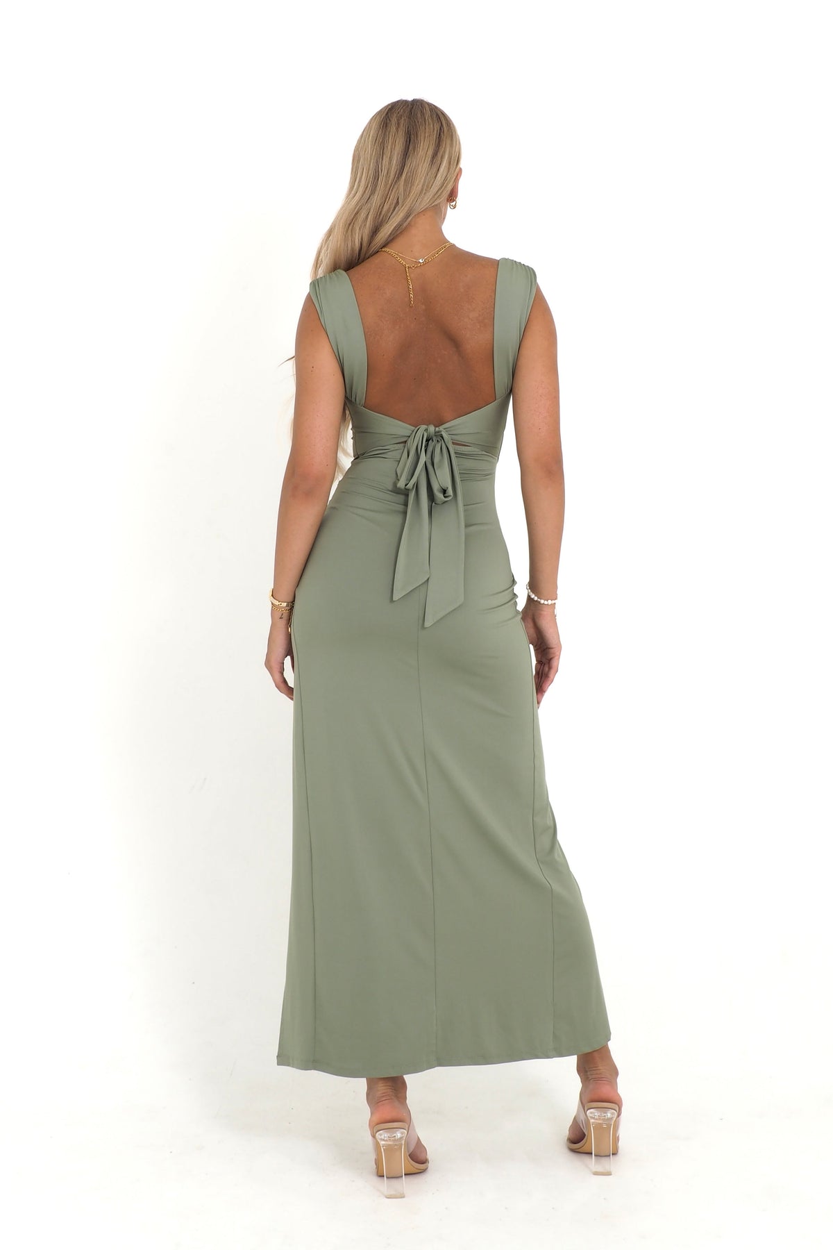 Square Neck Wide Strap Sleeveless Ruched High Split Bodycon Maxi Gown - View 6