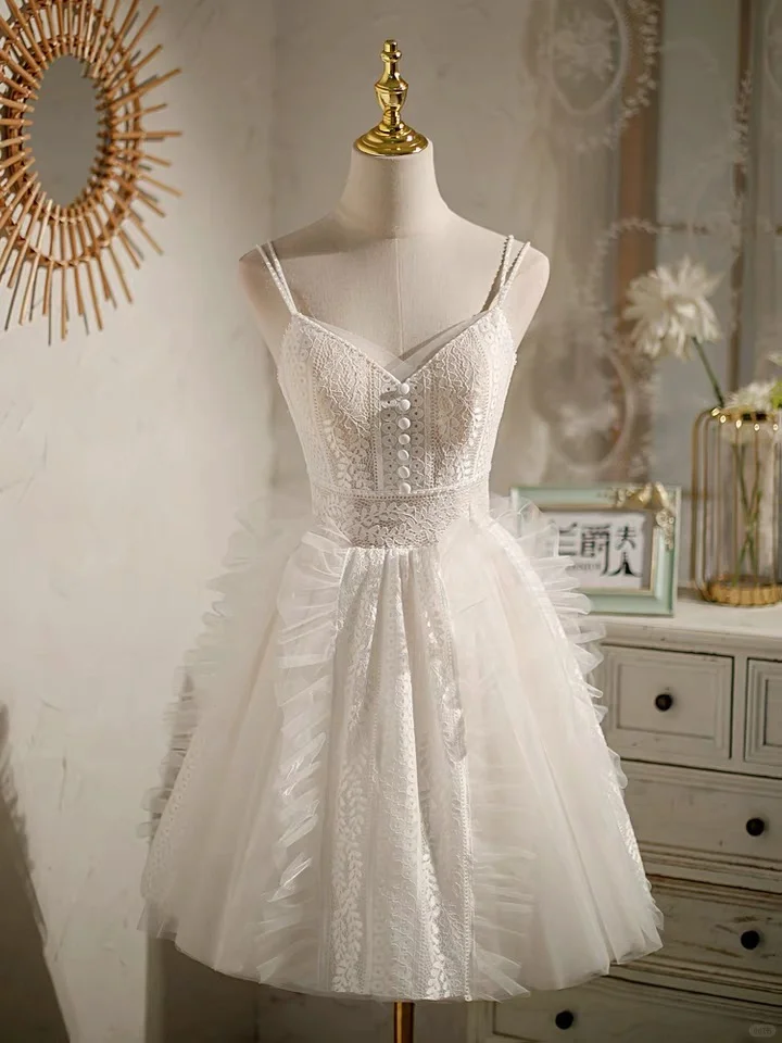 Pretty White Lace Tulle Short Prom Dress Homecoming Dress 15th Birthday Outfits D244