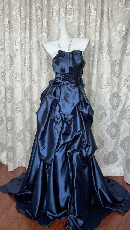 Retro Halter Navy Blue Satin Pleated Ball Gown Long Party Dress D1042