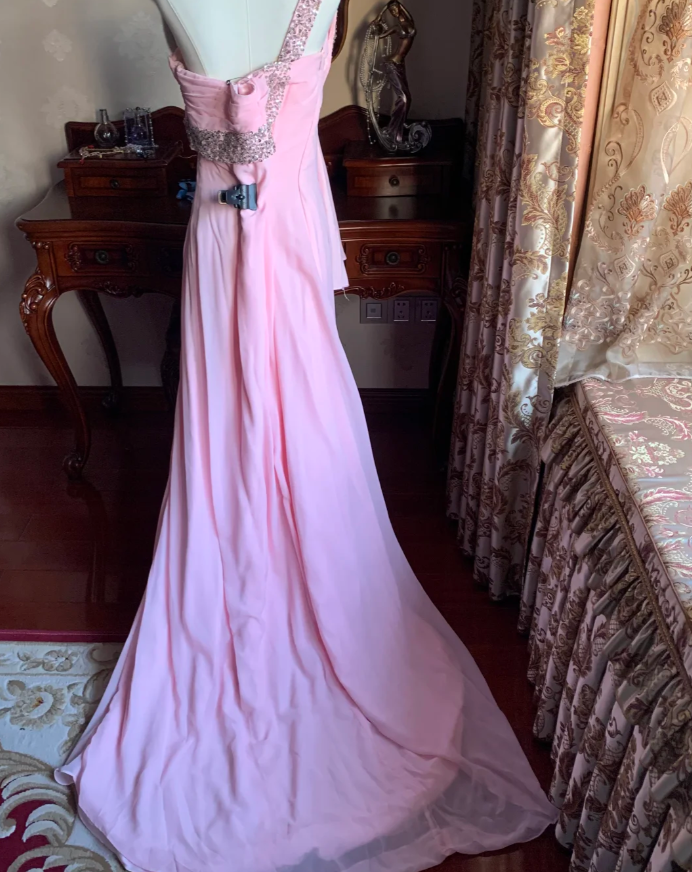 Classy One Shoulder Chiffon Beaded Mermaid Long Wedding Guest Dress Pink Evening Dress D1775