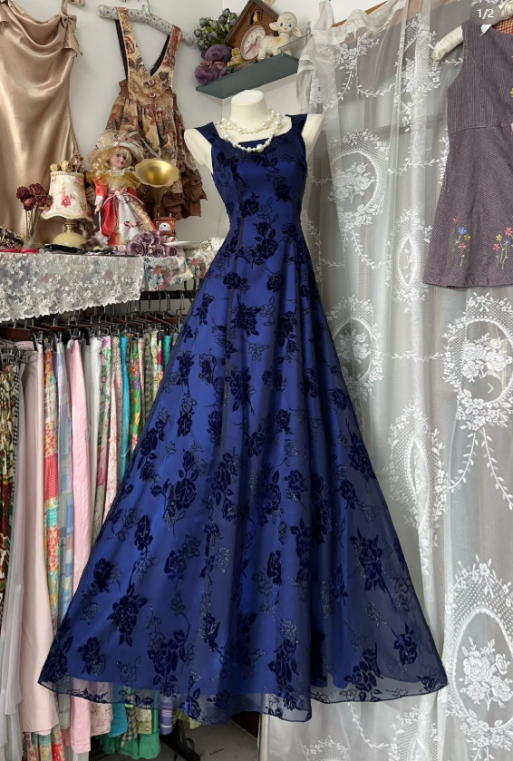 Retro Navy Blue A Line Tulle Rose Floral Long Party Dress Evening Dress D1374