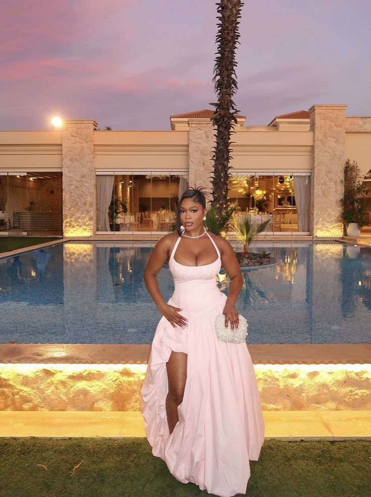 Classy Halter Pink Satin Pleated Long Evening Dress Formal Wedding Guest Dress D1606