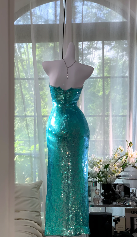 Sparkly Strapless Blue Sequin Slit Mermaid Long Prom Dress Party Dress D916