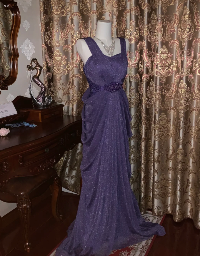 Sparkly Purple Tulle Sequin Beaded Pleated Mermaid Evening Dress Long Birthday Prom Gown D1750