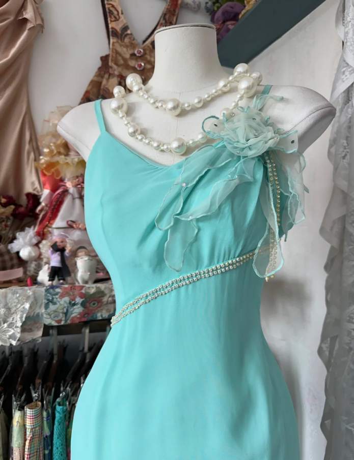 Classy Mint Green Spaghetti Straps Chiffon Beaded Mermaid Long Prom Dress Birthday Party Dress D1781