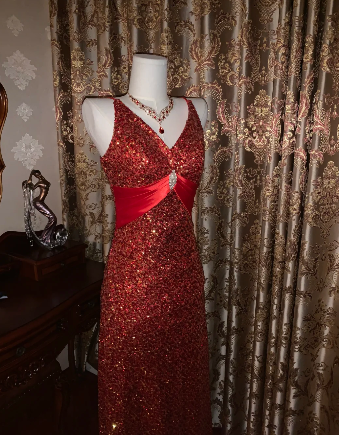 Vintage Red V Neck Sequin Beaded Mermaid Party Dress Long Evening Gown D1724