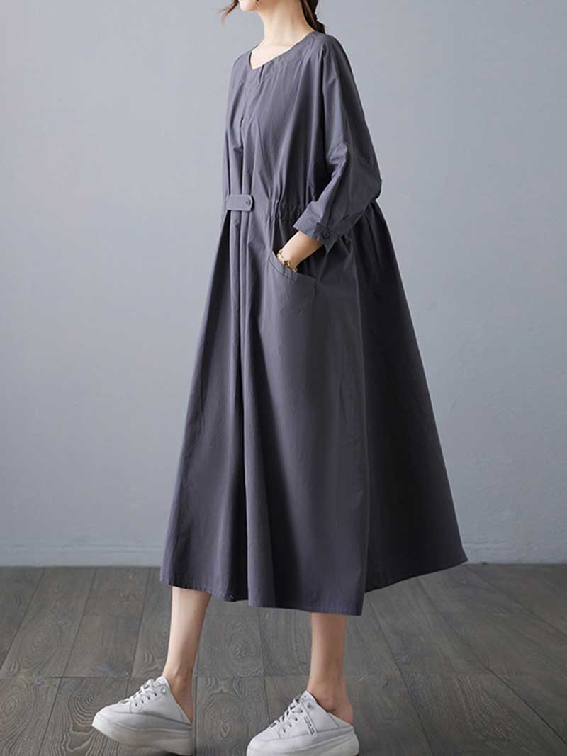Round Neck Batwing Tab-Waist Pocket Cocoon Midi Dress 4