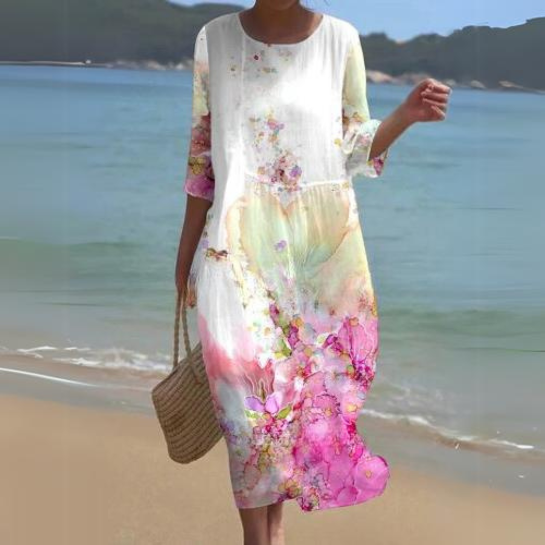 Floral Round Neck Half Sleeve Shift Summer Midi Dress - View 15