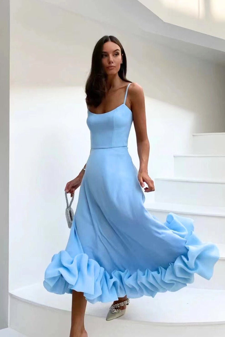Scoop Neck Spaghetti Strap Ruffle Hem Satin Midi Dress 6