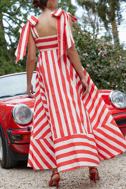 Pocketed Bow Shoulder Striped Swing Maxi Cami Dress - Fashionpara