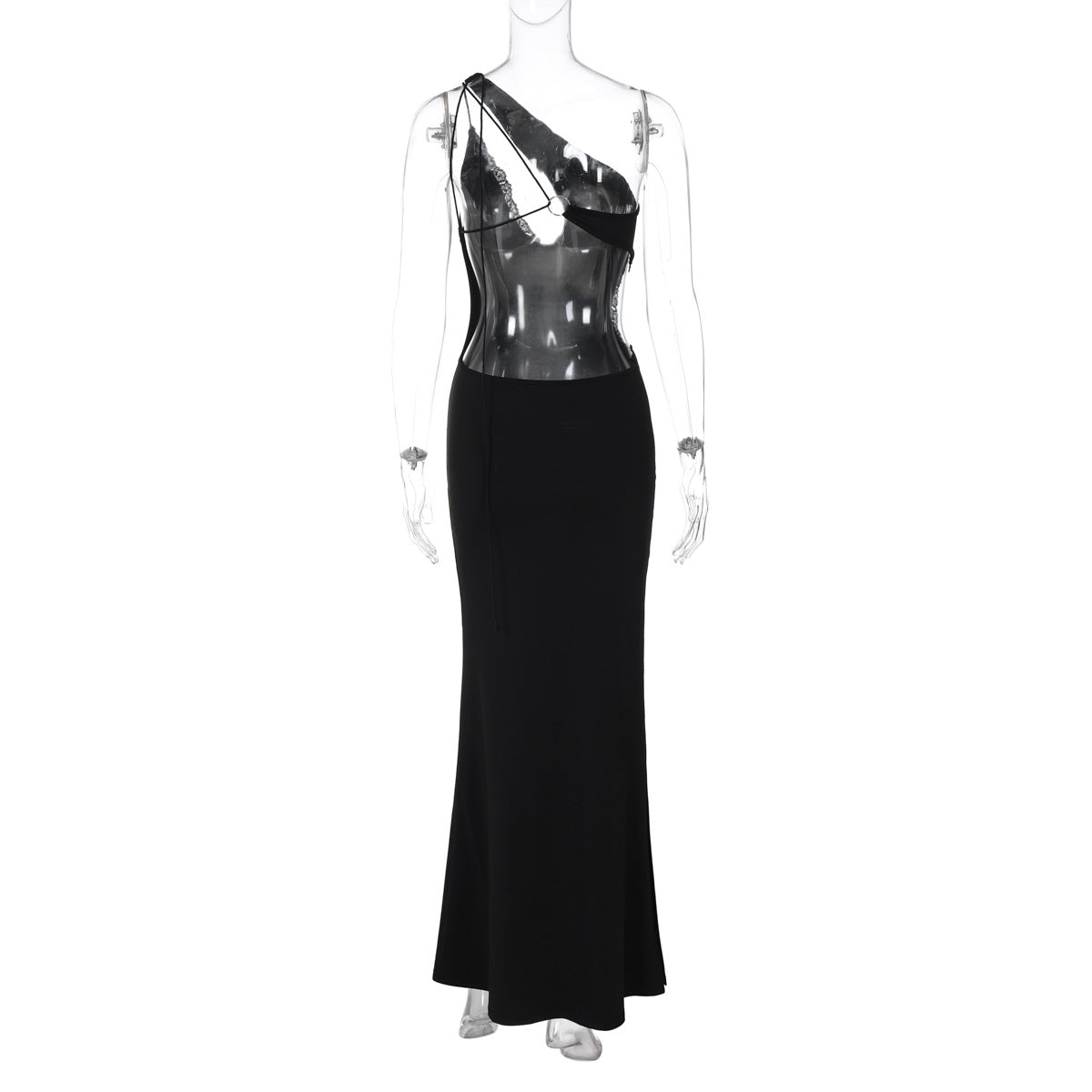 One-Shoulder Lace-Trim Cut-Out Bodycon Maxi Dress 9