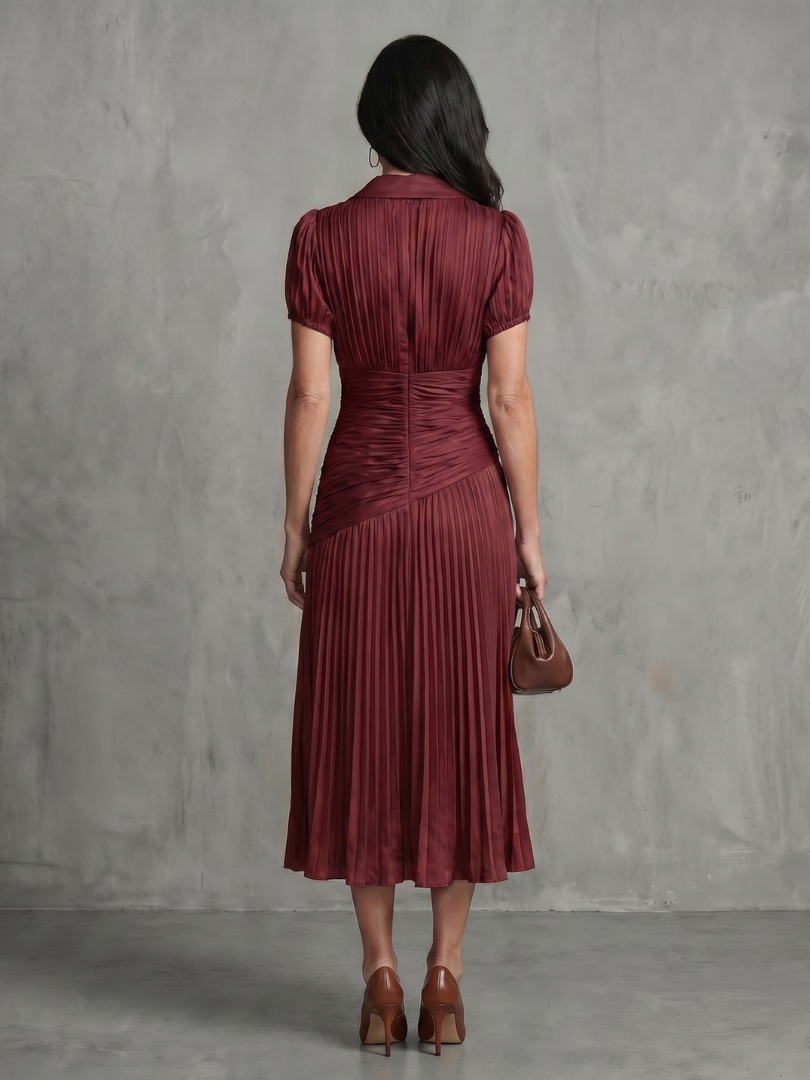 Collared V-Neck Short Sleeve Ruched Pleated Striped Midi Dress 8