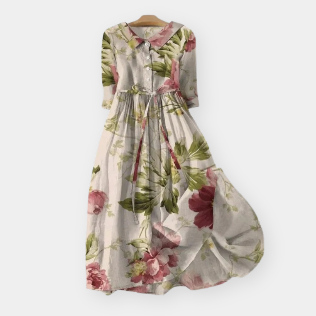 Floral Collared Button Front Tie Waist Midi Dress