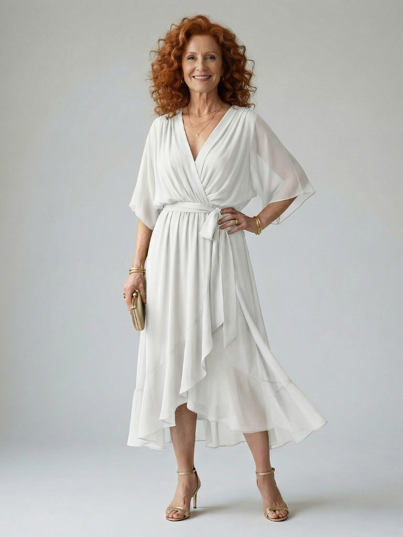 Chiffon Wrap V-Neck Flutter Sleeve Belted High Low Midi Dress 7