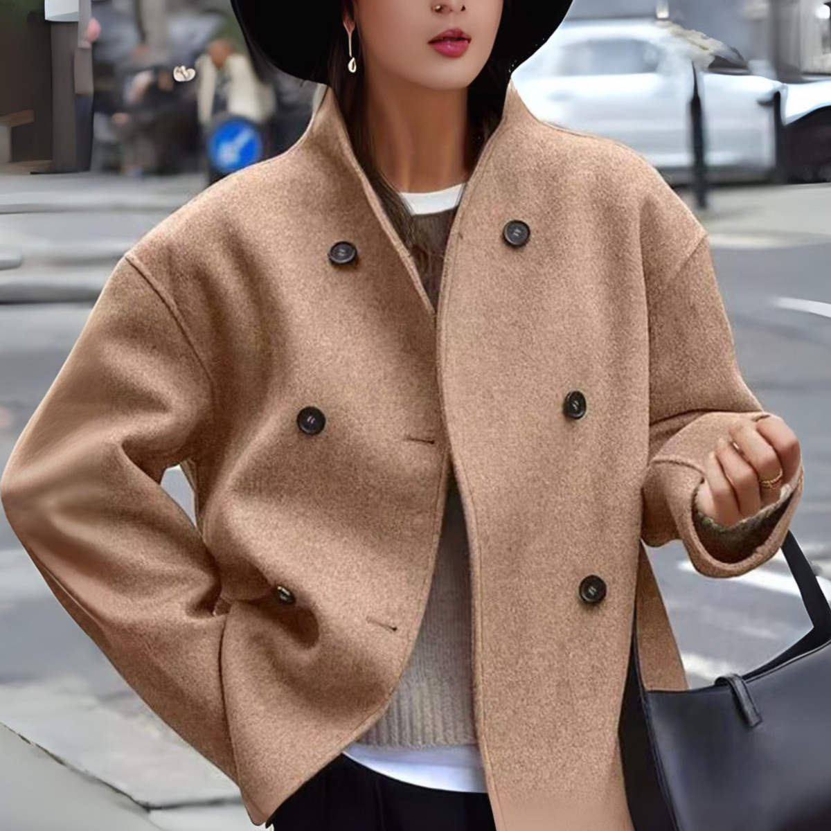 Stand Collar Double Breasted Long Sleeve Cropped Coat 5