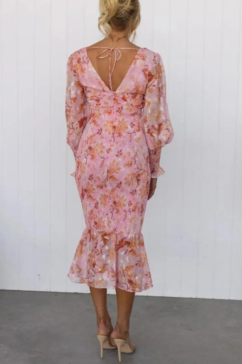 Floral Print Deep V-Neck Bishop Sleeve Ruffle Hem Mermaid Midi Dress - View 6