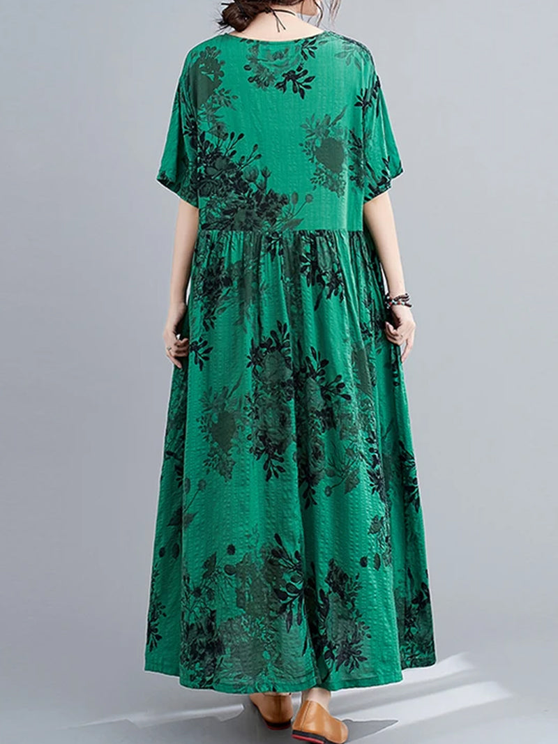 Floral Print Round Neck Short Sleeve Smock Maxi Dress 9
