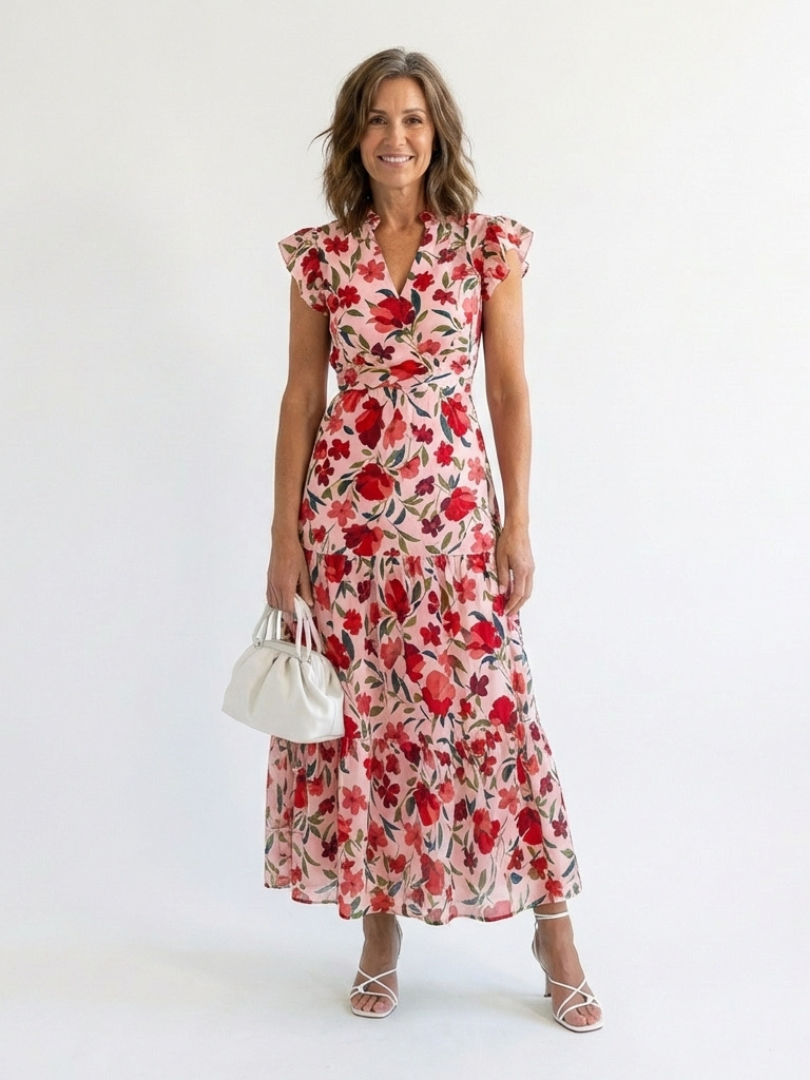 Floral Ruffle Sleeve Split Neck Tiered Maxi Dress 7