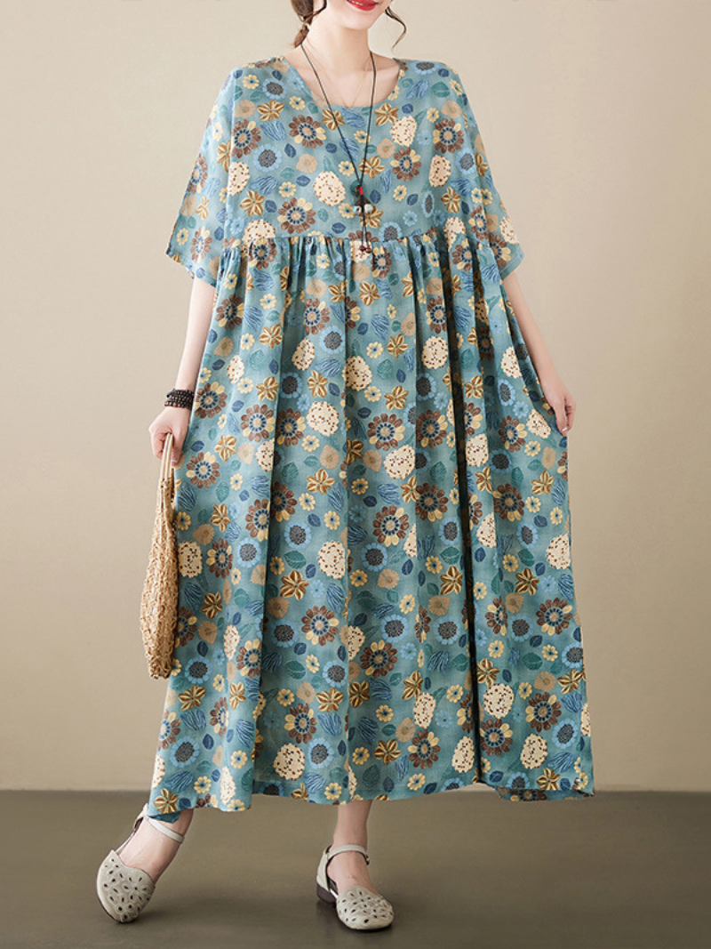 Floral Print Round Neck Short Sleeve Smock Maxi Dress 3