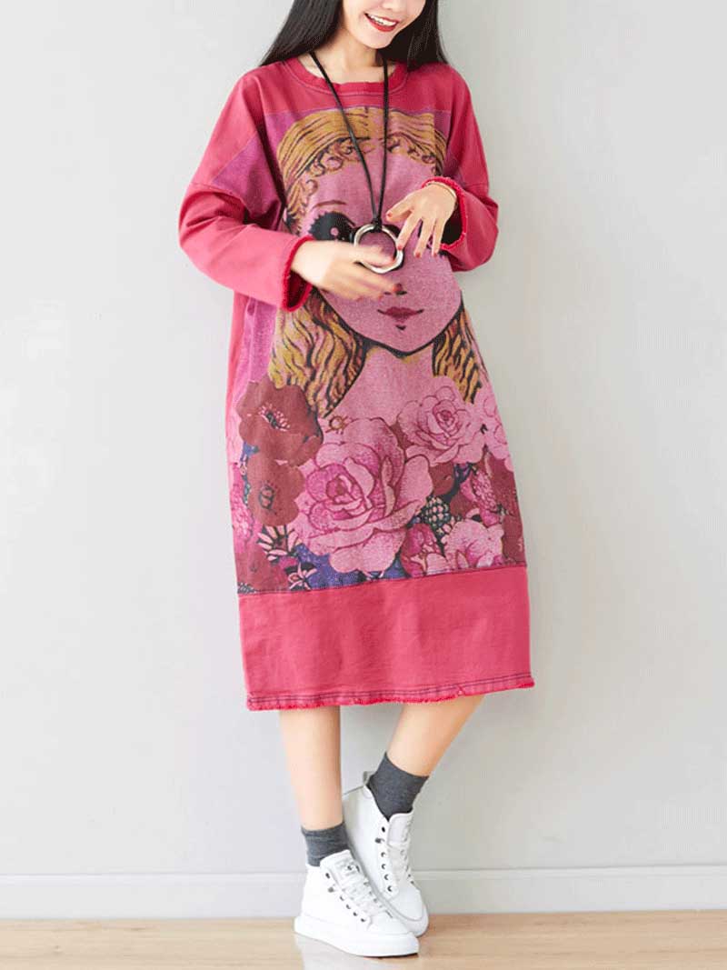 Give Me a Memory Round Neck Cartoon Sweater Midi Dress - Fashionpara