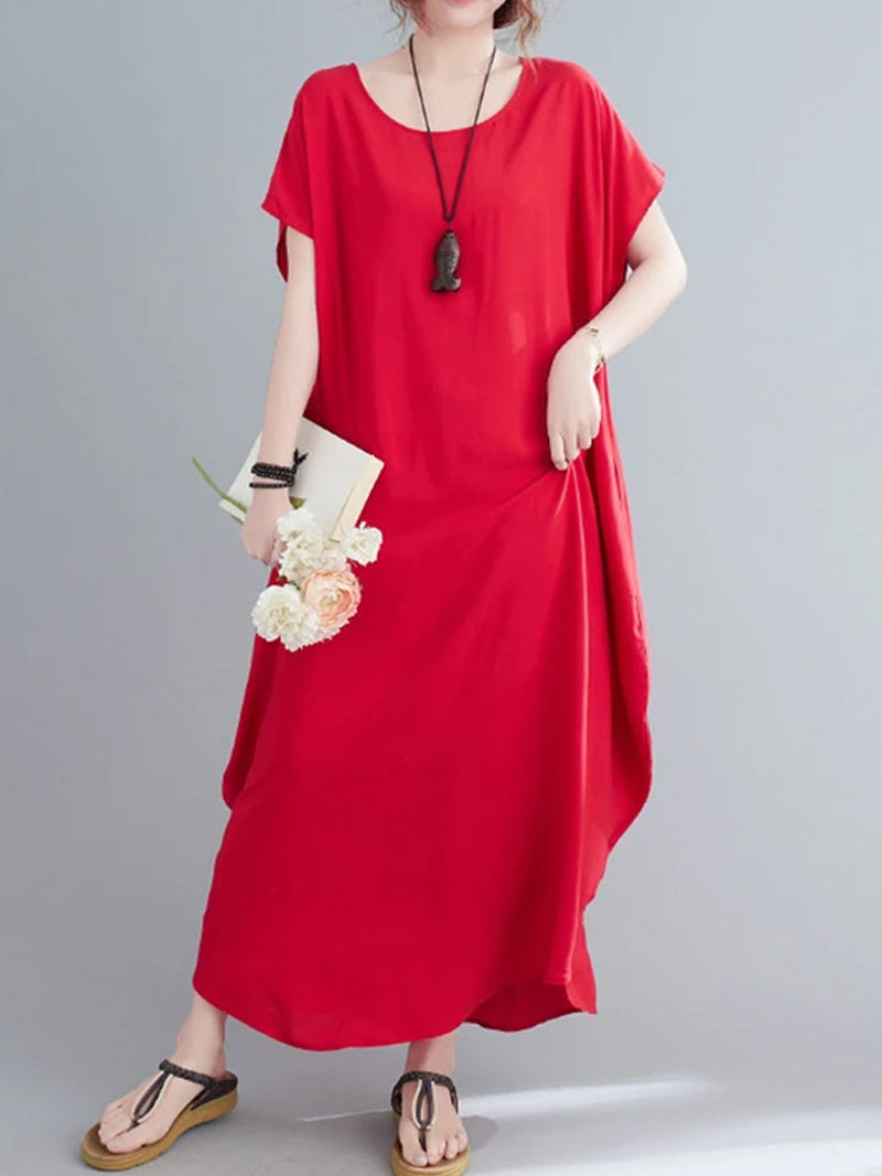 Cotton Round Neck Short Sleeve Cocoon Midi Dress 26
