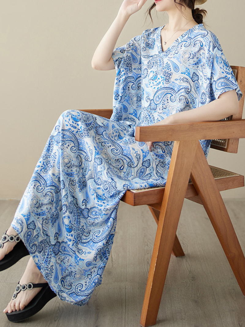 Paisley Print V-Neck Short-Sleeve Cocoon Maxi Dress 4