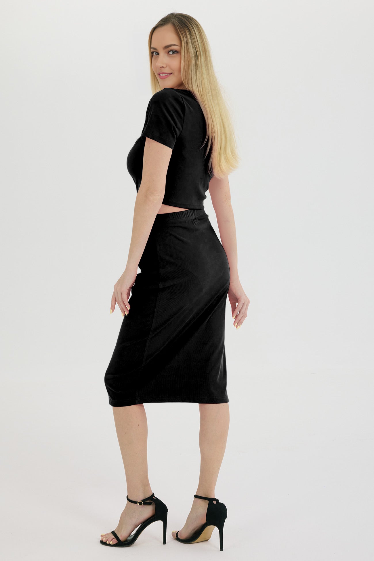 Ribbed Square Neck Crop Top Slit Skirt Suits