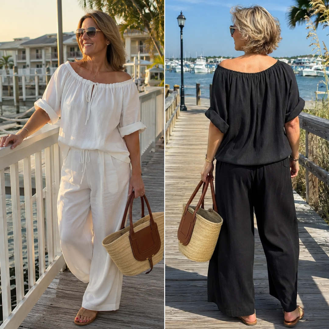 Off Shoulder Top and Wide Leg Pants Two Piece Set 7