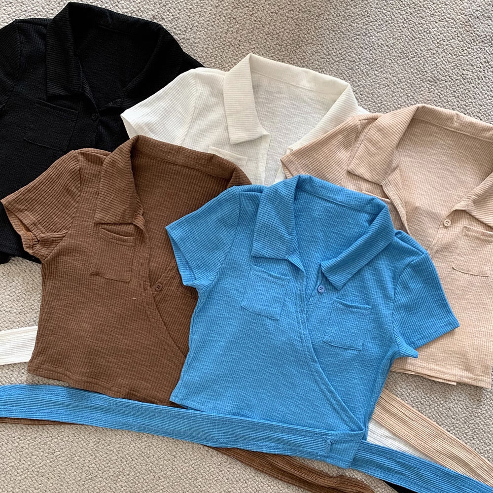 Ribbed Knit Crisscross Front Shirts Tops