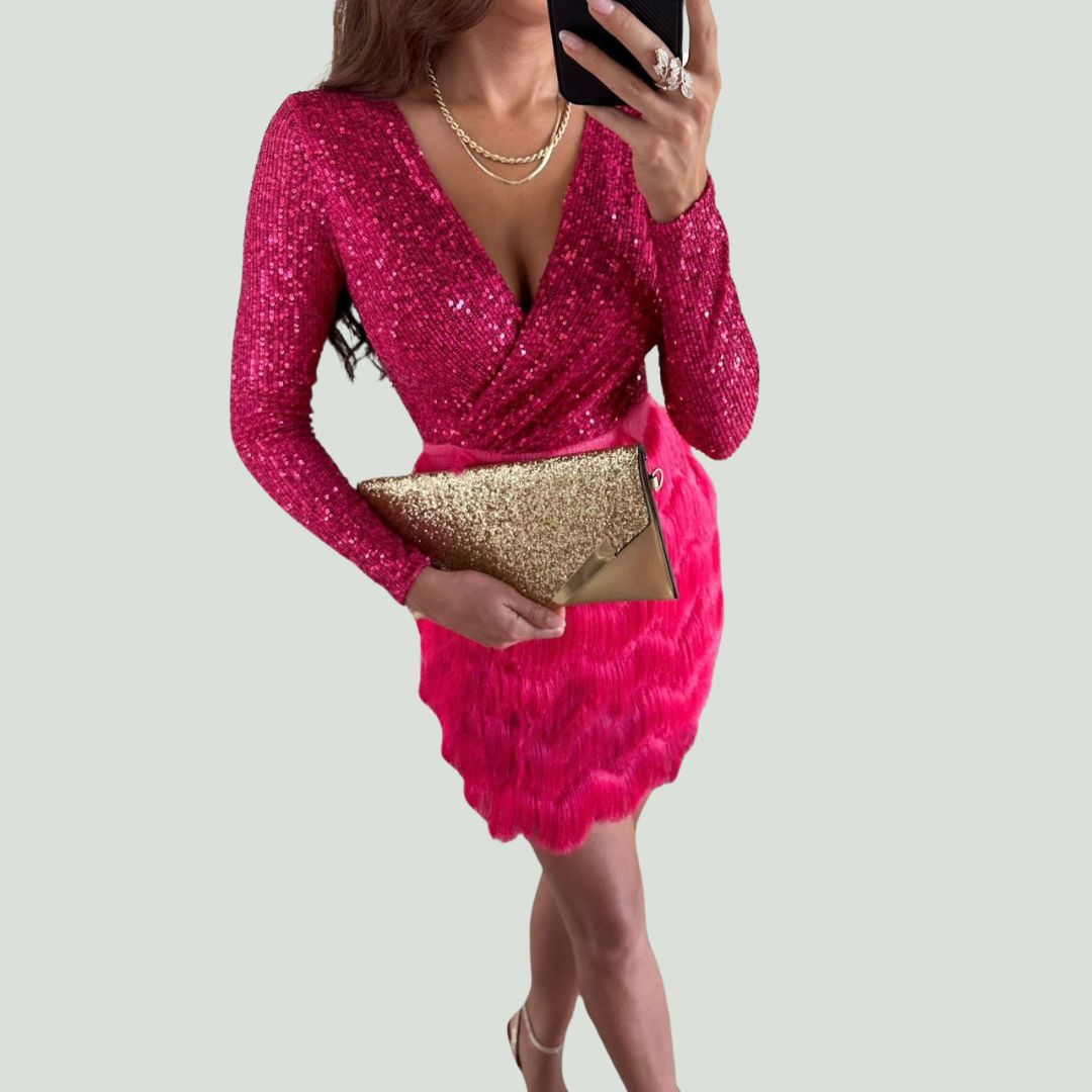 Sequin Deep V-Neck Wrap Long Sleeve Textured Skirt Mini Dress - View 6