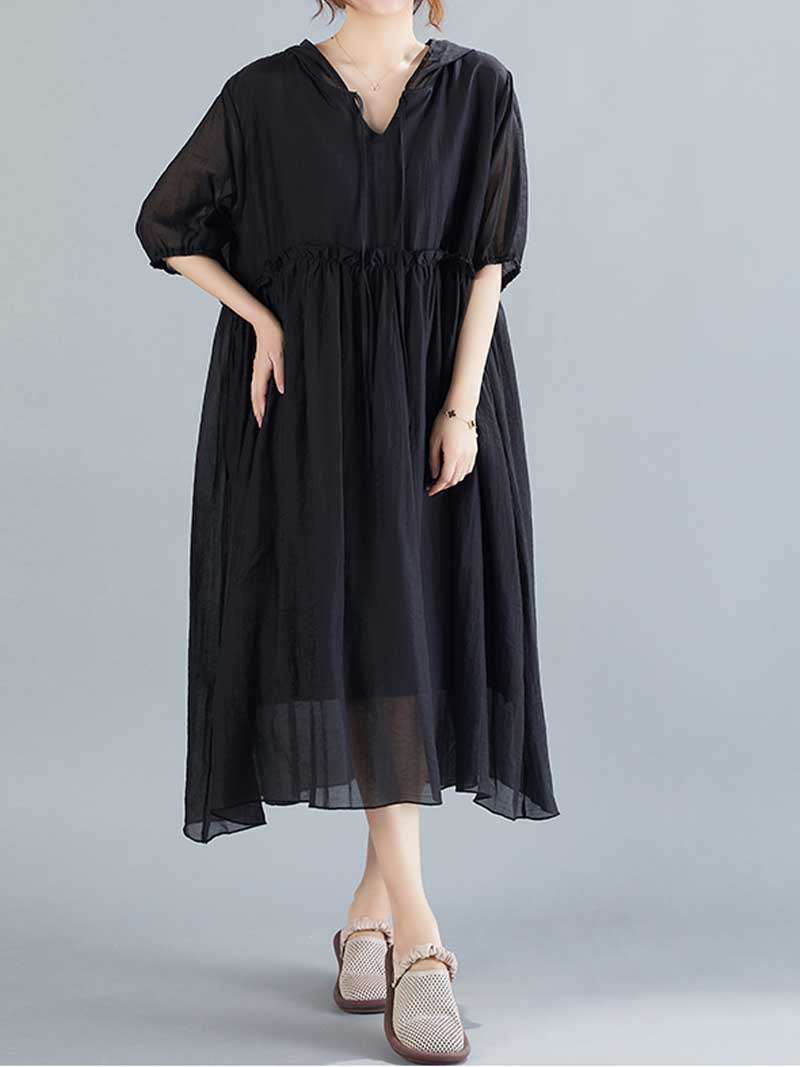 Plain Cotton Short Sleeves Hooded Style A-Line Dress 9