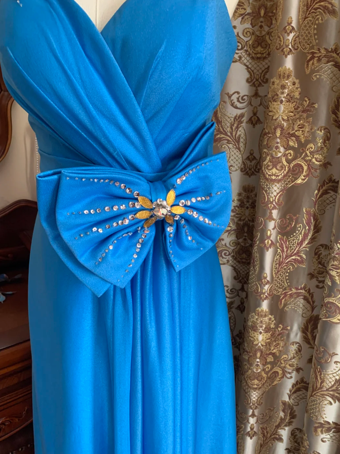 Vintage One Shoulder Blue Satin Beaded Long Wedding Guest Dress Birthday Party Dress With Bow D1751