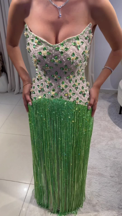 Luxury Strapless Satin Beaded Tassel Green Long Prom Gown Formal Evening Dress D876