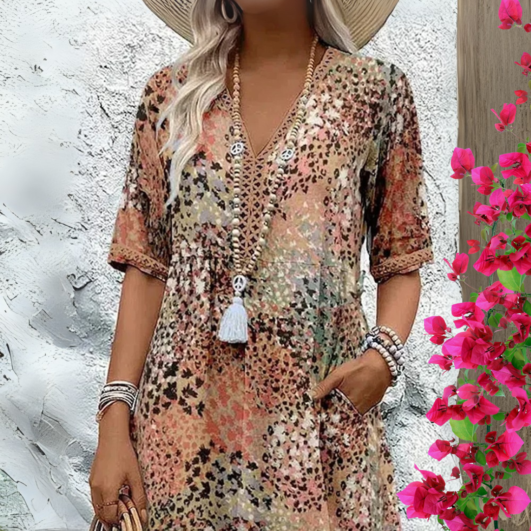 V-Neck Short Sleeve Pocket Abstract Print Midi Shift Dress - View 5