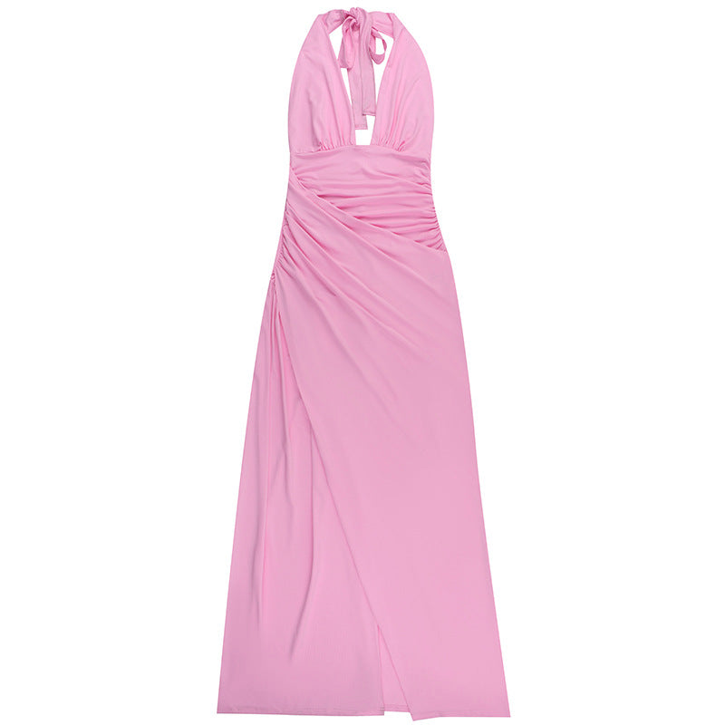 Halter Plunge-Neck Ruched High-Slit Maxi Dress 9