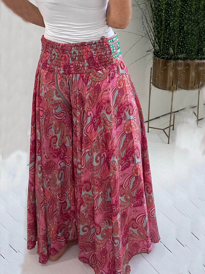 Ethnic Print Elastic Patchwork Waist Lightweight Pants - Fashionpara